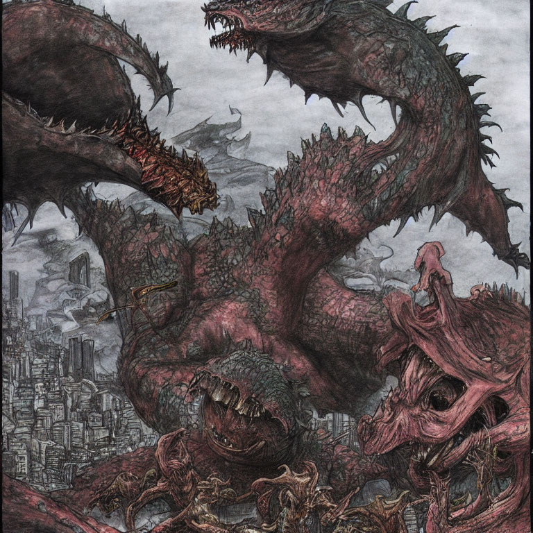 Detailed Illustration: Massive Multi-Headed Dragon Rampaging Cityscape