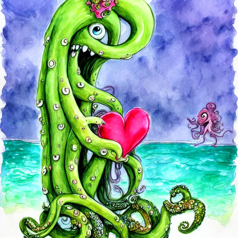 Whimsical green octopus holding red heart on blue watercolor backdrop