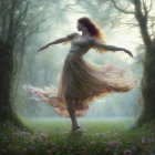 Woman dancing in elegant dress in mystical forest with purple flowers.