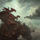 Multiple Red Dragons Perched on Craggy Spires Under Brooding Sky