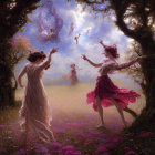 Ethereal figures dancing among blooming flowers in enchanted forest