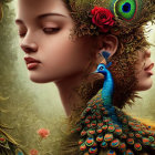 Vibrant peacock-themed digital portrait of a serene woman
