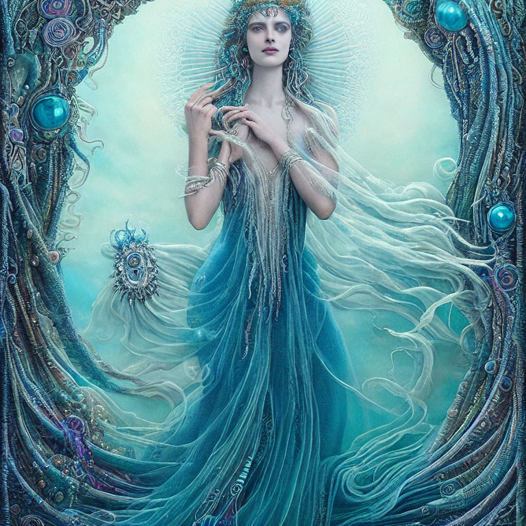 Elaborate Blue Gown: Mystical Woman with Peacock Feathers