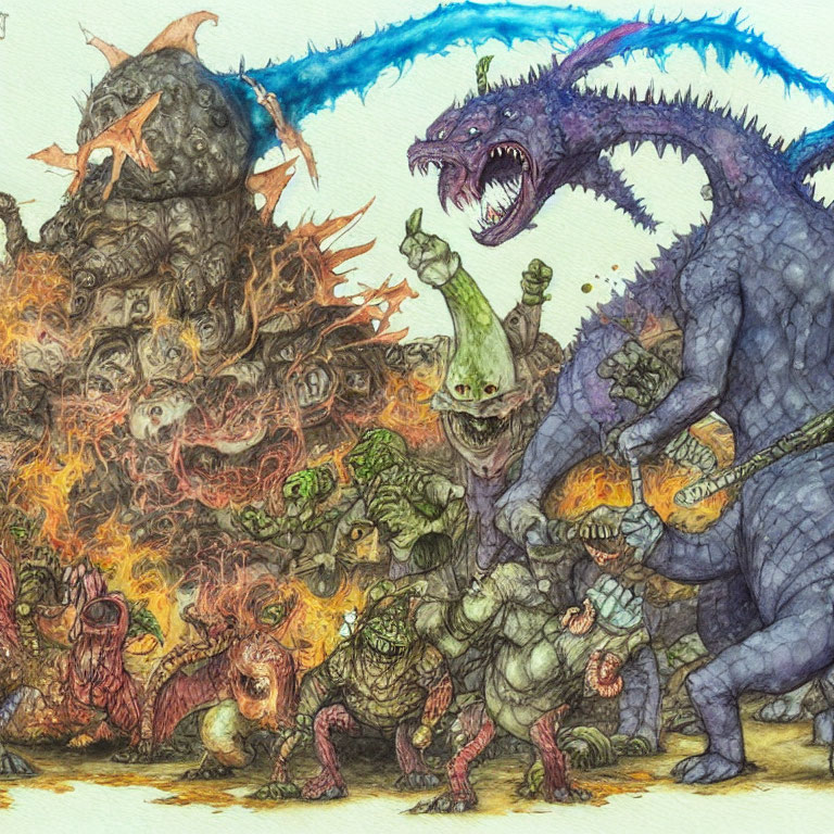 Detailed fantasy illustration of orc army and fire-breathing dragon in battle