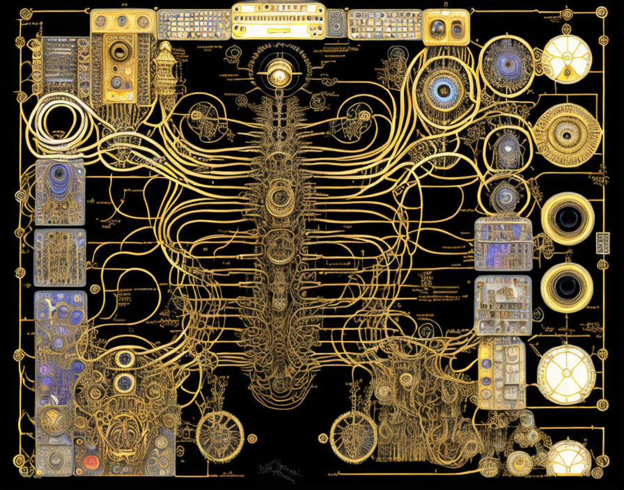 Intricate Golden Schematic with Abstract Circuit-Like Designs