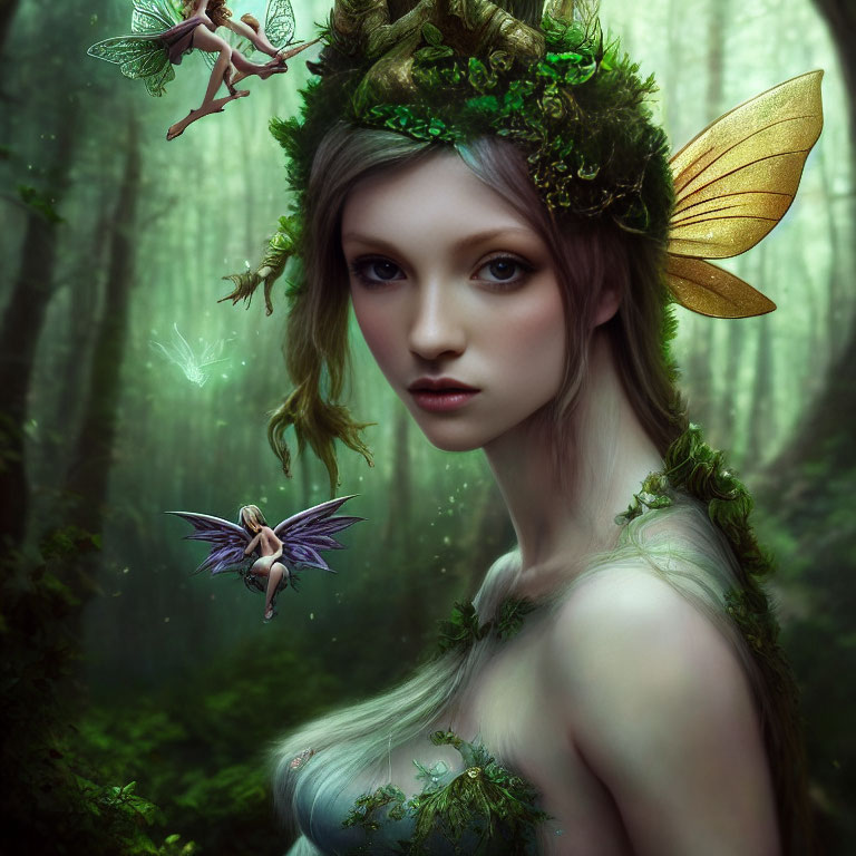 Enchanting forest scene with fairy woman, leaf crown, and winged fairies