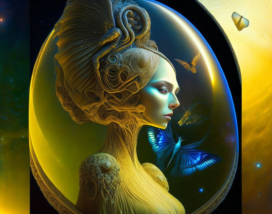 Surreal digital artwork: female figure, ornate headpiece, butterflies, cosmic background