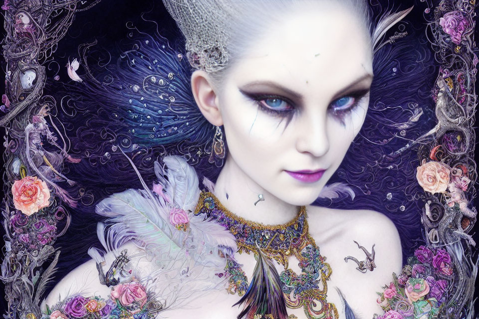 Fantasy portrait featuring female figure with violet eyes, adorned with jewelry, lace, feathers, and orn