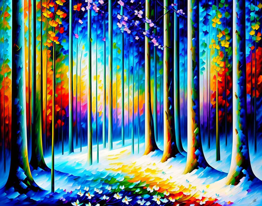 Colorful Forest Painting with Bright Hues and Flower Carpet