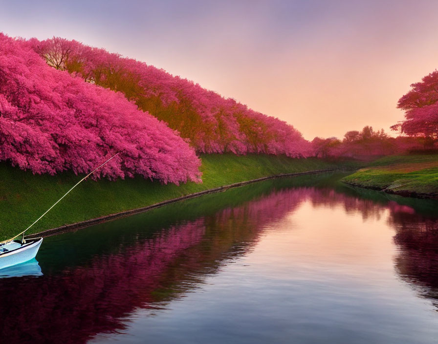 Tranquil river scene with boat and pink cherry blossoms at twilight