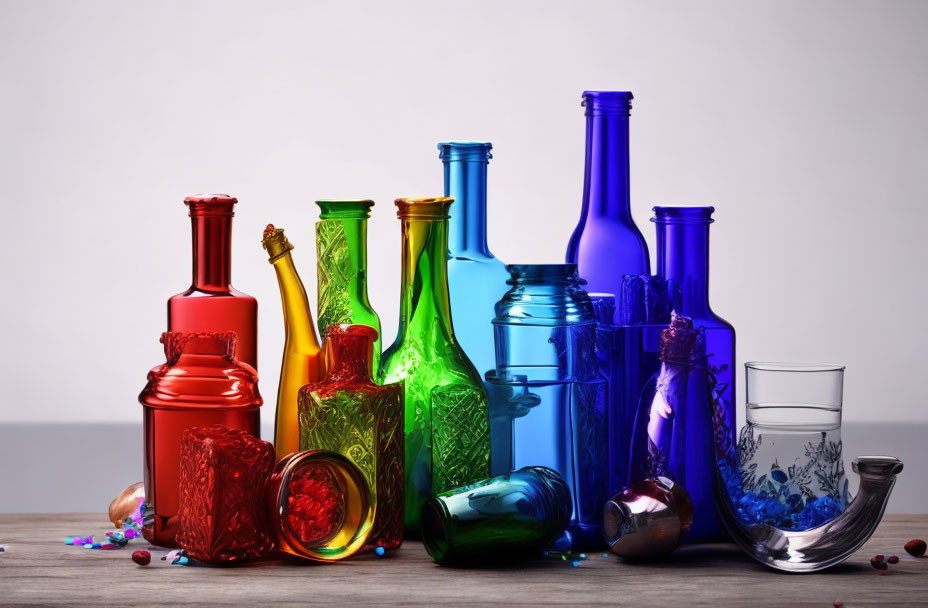 Colorful Glass Bottles, Beads on Wood: Gray Background