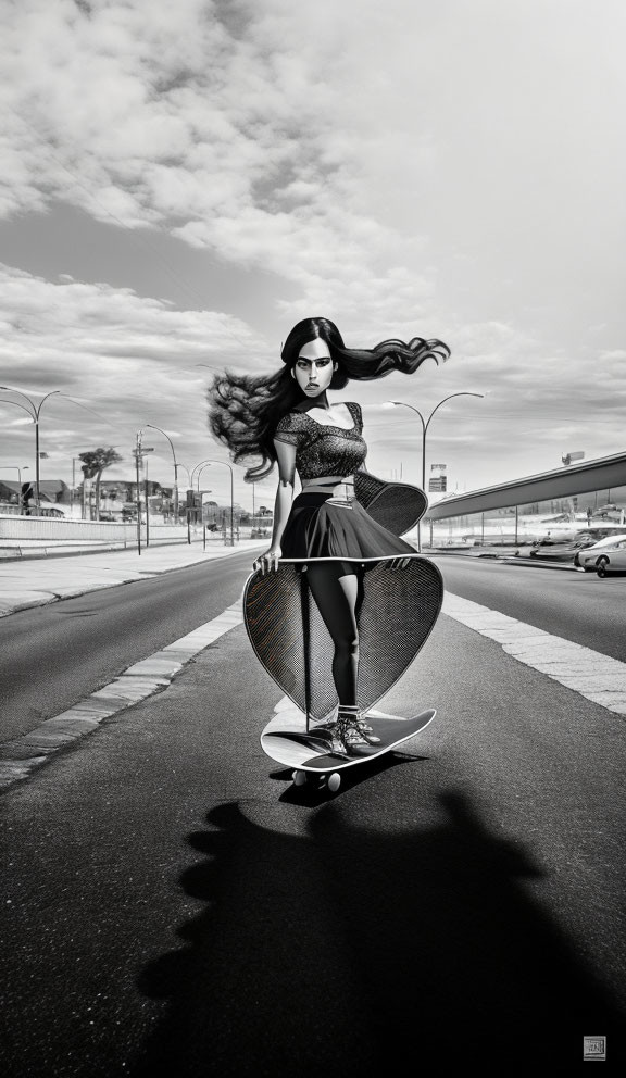 Skateboarding woman in black outfit on empty street under dramatic sky