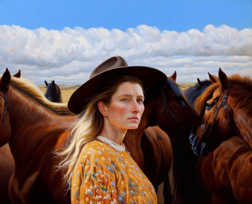 Woman in brown hat with herd of horses under cloudy sky