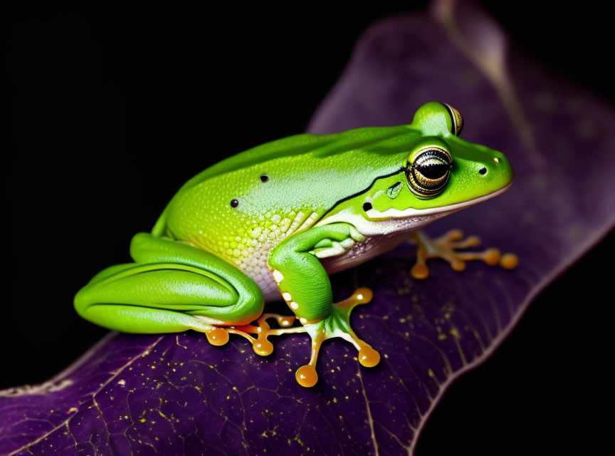 Colorful Frog with Black Eyes on Purple Leaf Against Black Background