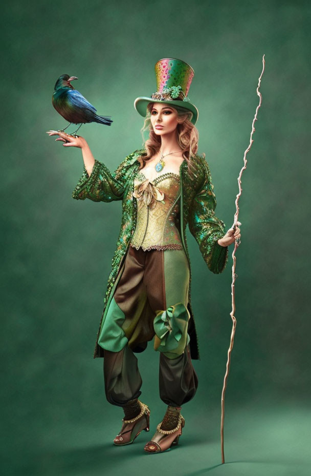 Elaborate green and gold costume with top hat, person holding staff, bird perched on hand