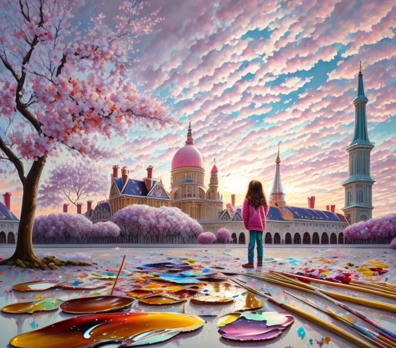 Child painting in front of magical cherry blossom landscape