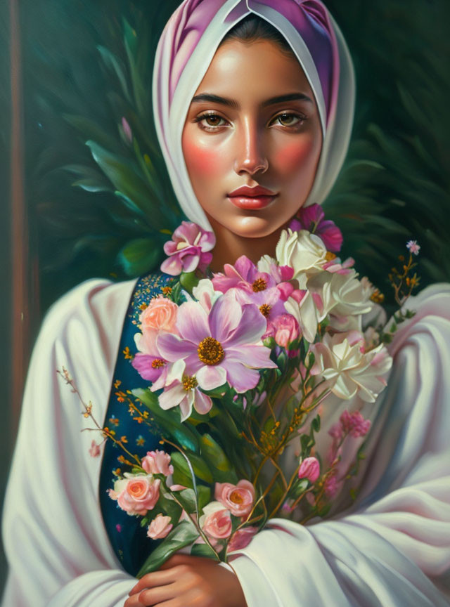 Serene woman in hijab with pink and white flowers on green background