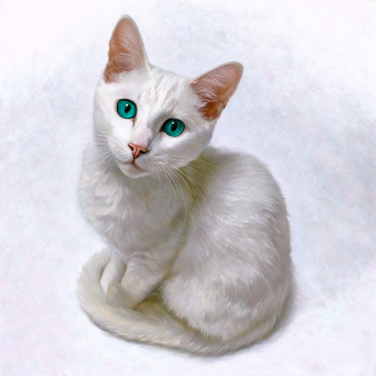 White Cat with Turquoise Eyes on White Background