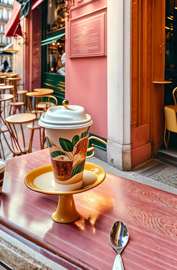 Porcelain cup with lid and spoon on outdoor bistro table near café with green chairs and pink walls