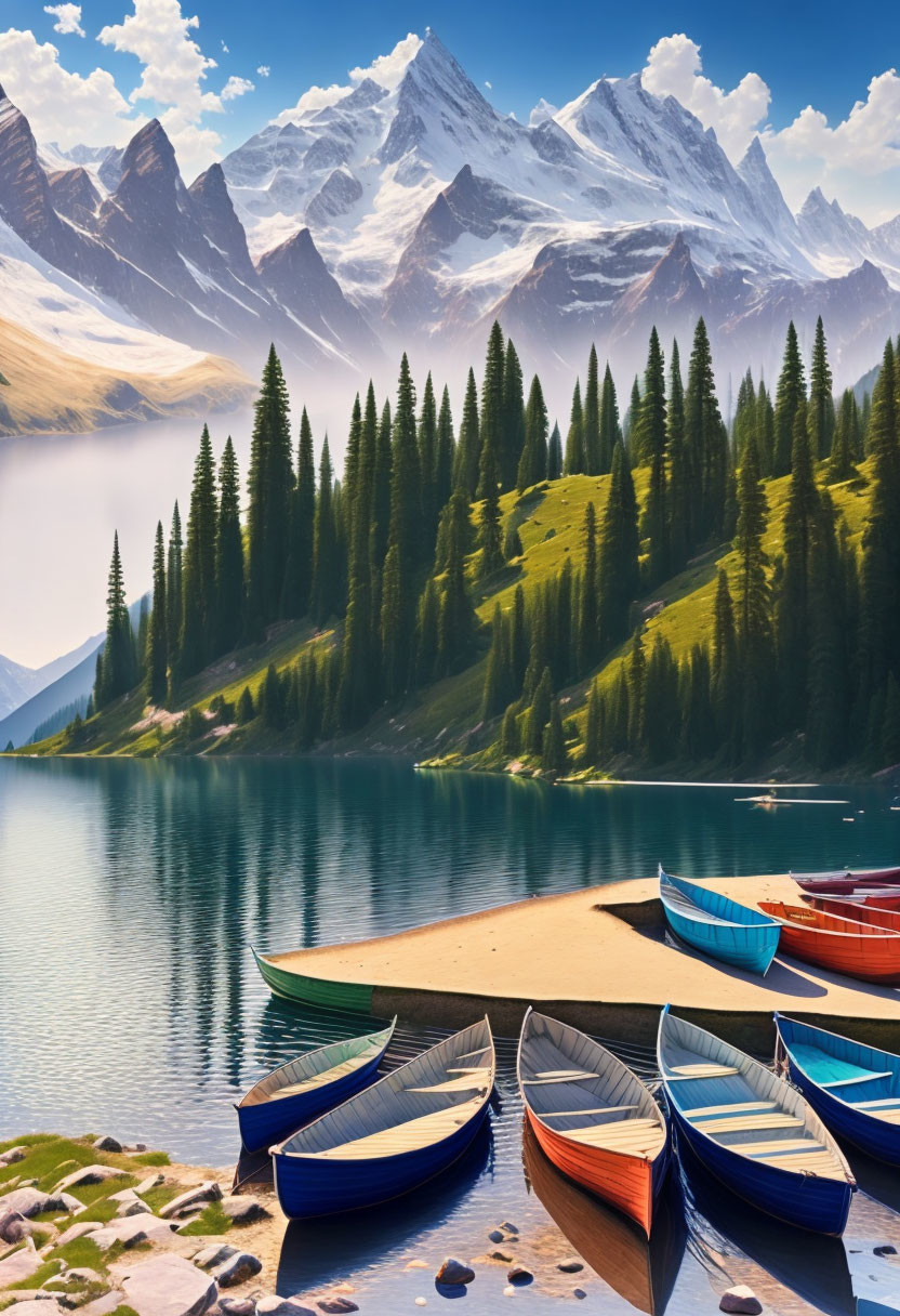 Vibrant boats on serene mountain lake with snow-capped peaks