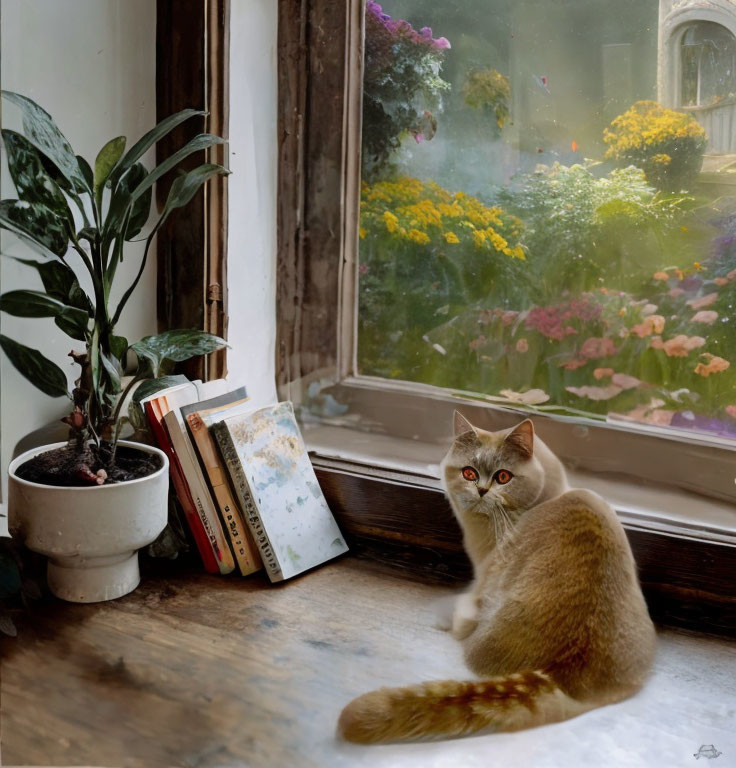 Striking-Eyed Cat Near Books and Plant by Garden Window