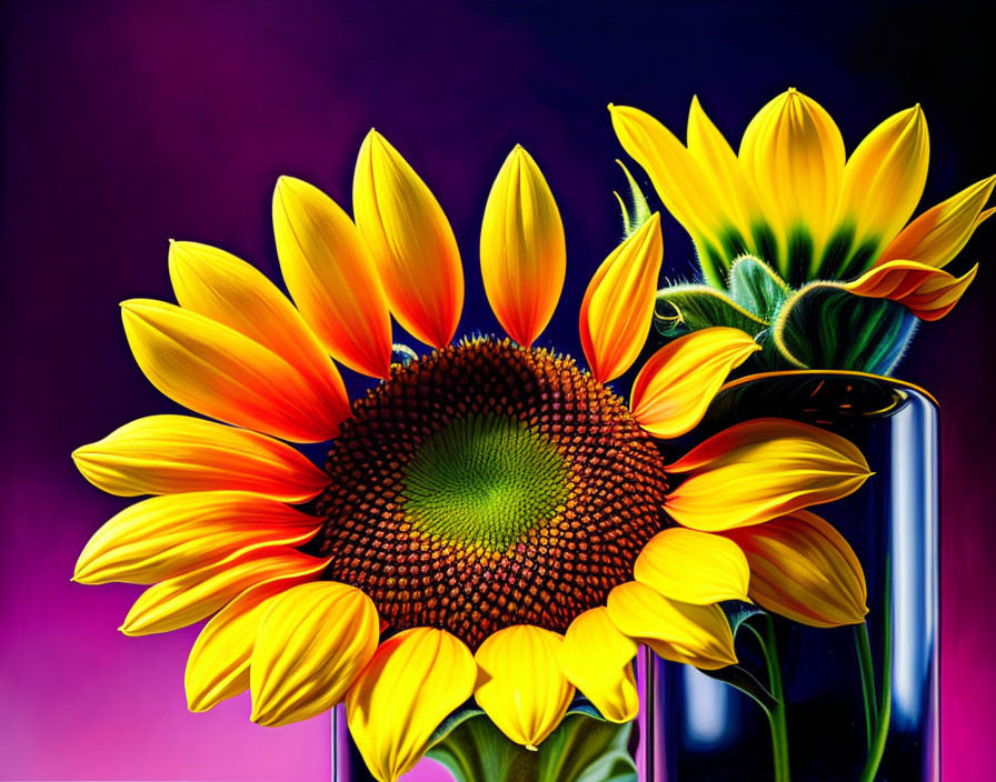 Bright yellow sunflowers in reflective vase on purple and pink background