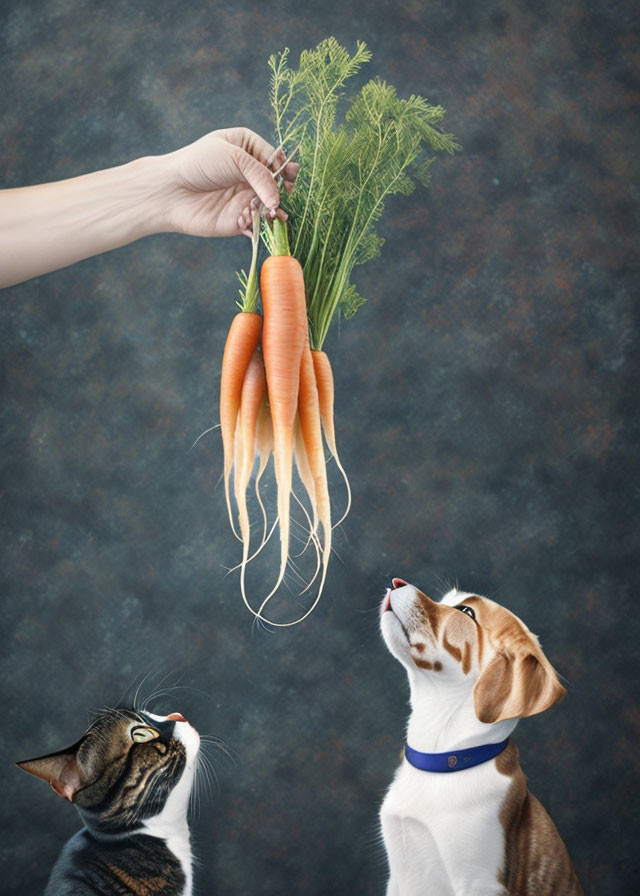 Person's Hand Holding Carrots Above Cat and Dog Looking Up