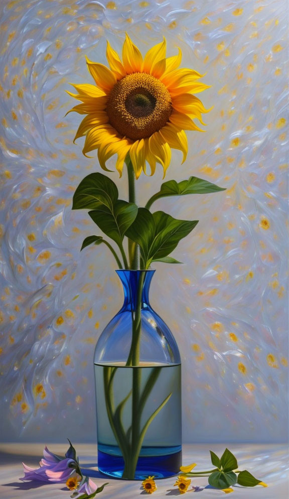 Bright sunflower in blue vase with scattered flowers on cream background