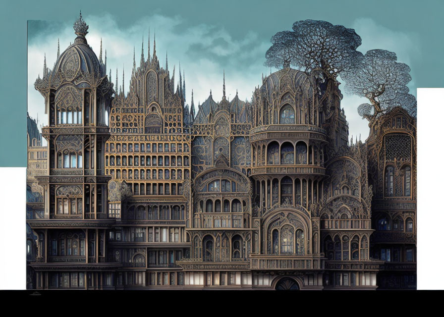 Fantastical Gothic-style architecture with ornate facades and spires