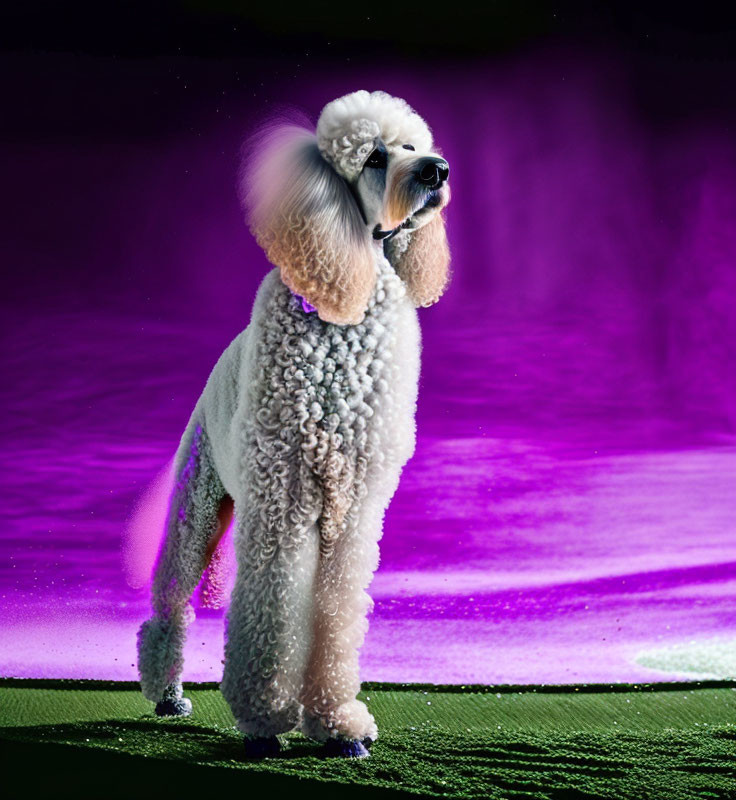 Groomed poodle with traditional puffs on purple and green surface