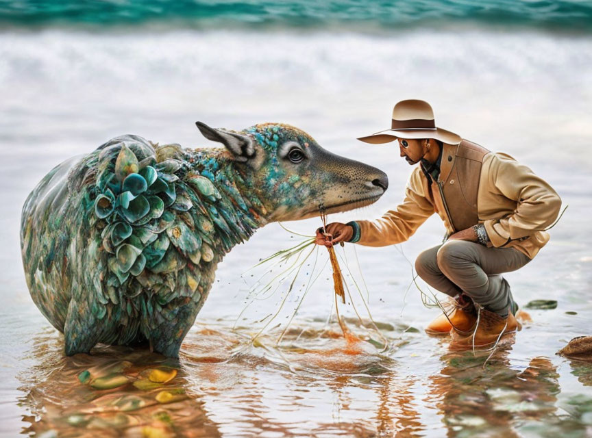 Man in explorer attire feeds fantastical sea shell adorned creature by water