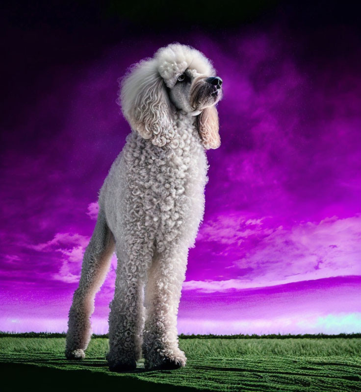 Fluffy white poodle in vibrant purple sky and green grass