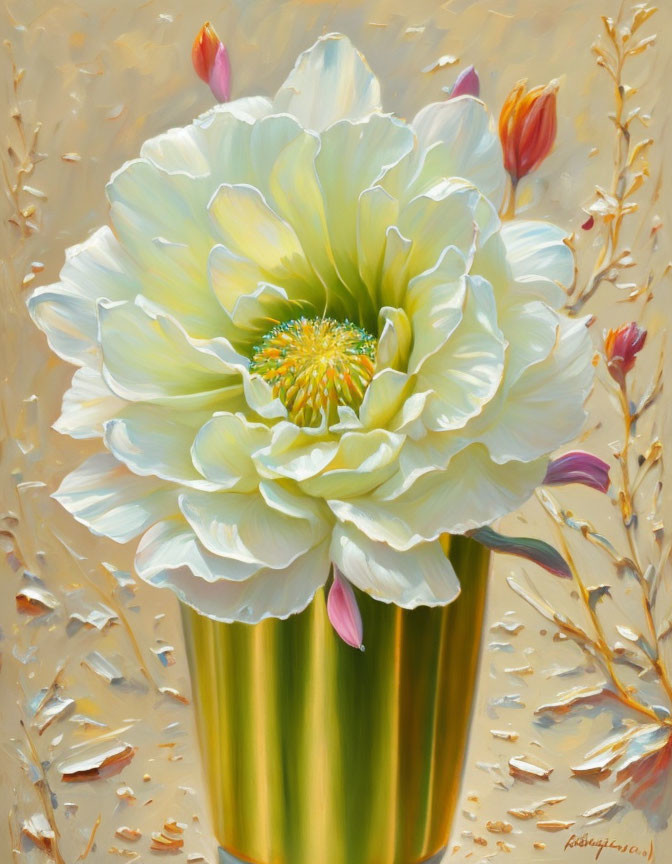 Large White Flower Painting on Gold Background with Blossoming Branches