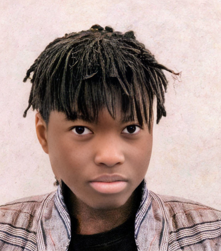 Young person with short dreadlocks in checkered shirt on textured background