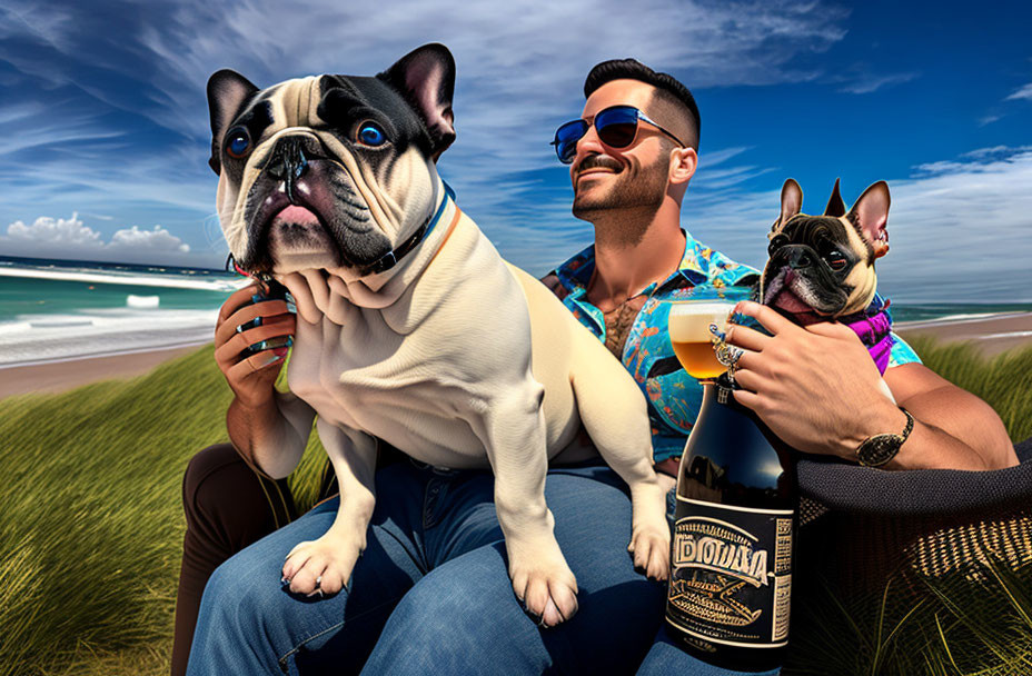 Man with sunglasses and colorful shirt at sunny beach with two French Bulldogs and beer bottle