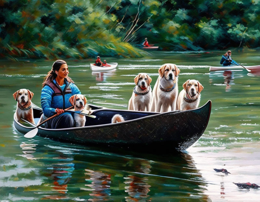 Woman with four dogs in canoe on serene river with lush greenery.