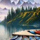 Vibrant boats on serene mountain lake with snow-capped peaks