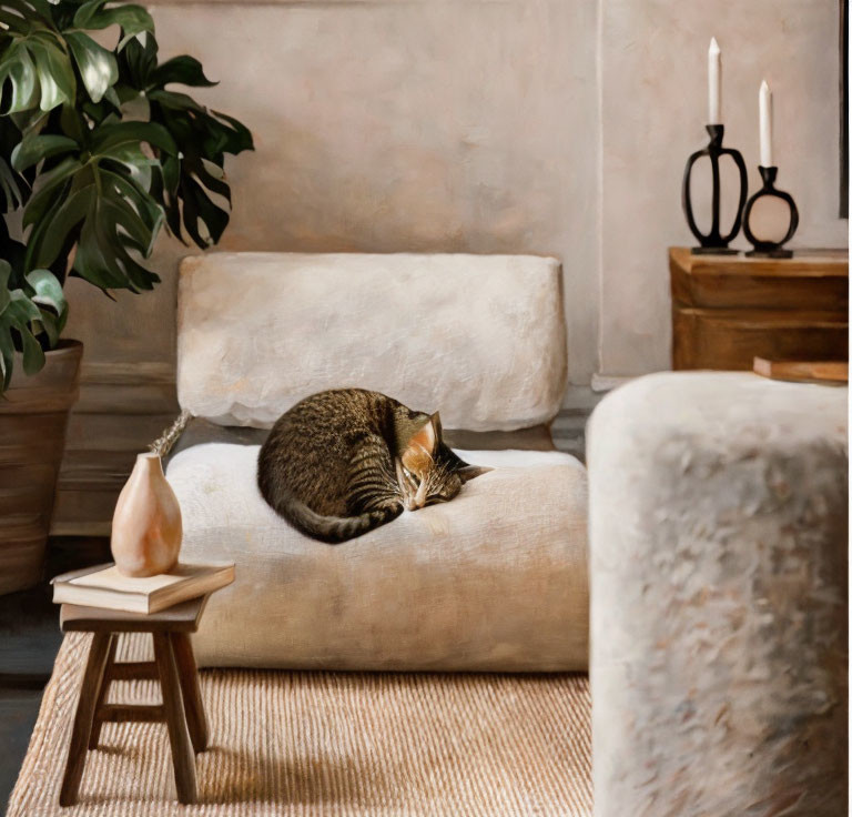 Tabby cat sleeping on beige sofa with potted plants and candles