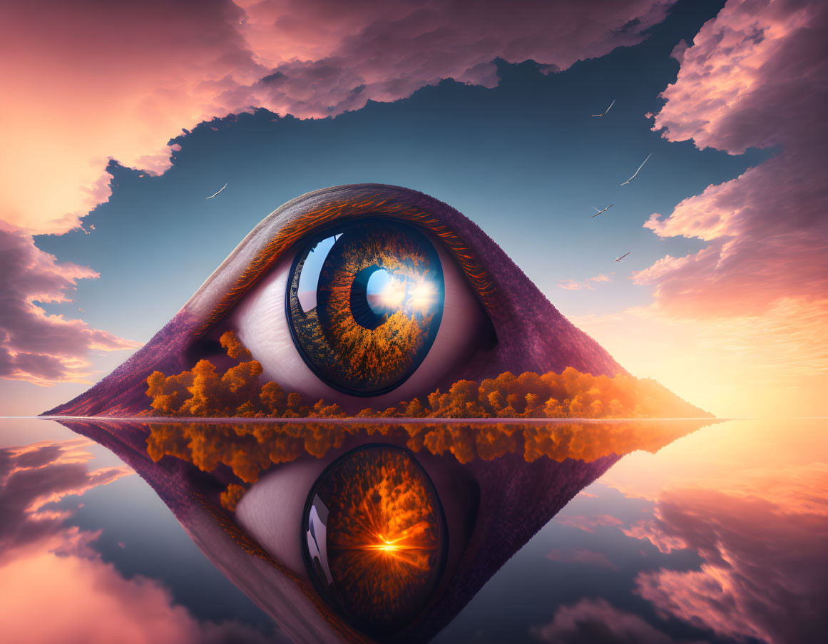 Surreal image of giant eye in purple sky with sunset reflection