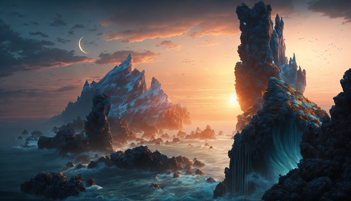 Fantasy landscape with rugged mountains, waterfall, sea, rocky outcrops, sunset sky, cres