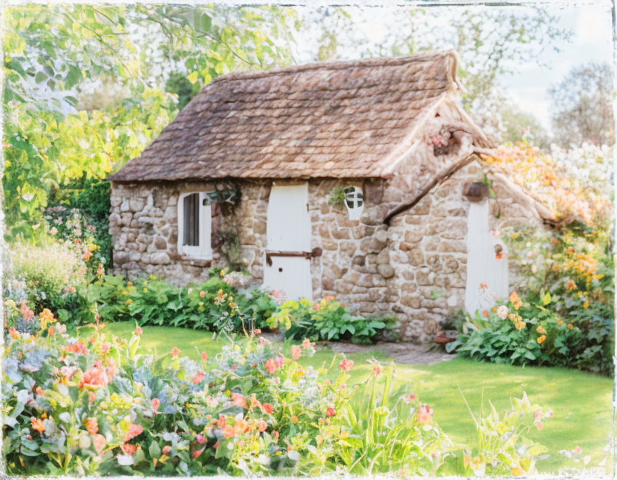 Charming thatched roof stone cottage in lush garden setting