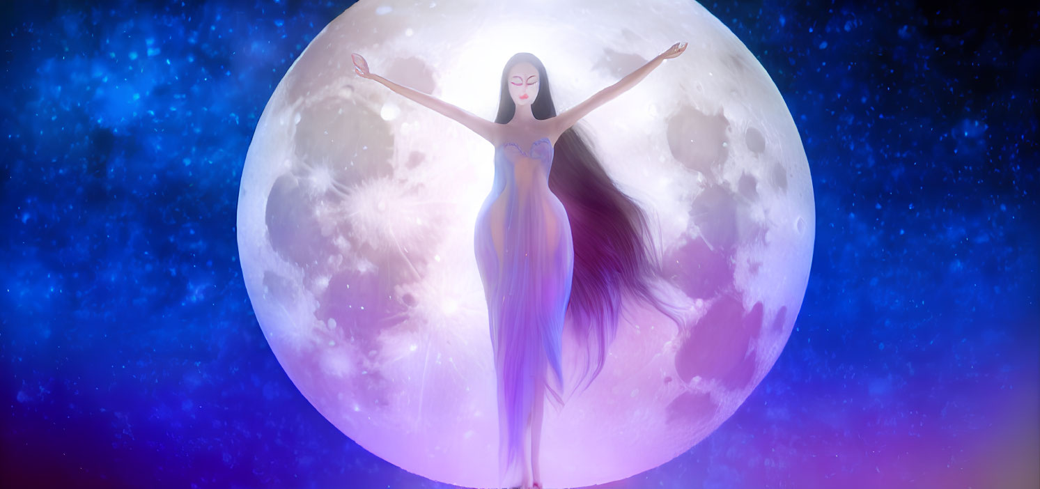 Mystical figure in sheer gown under luminous full moon