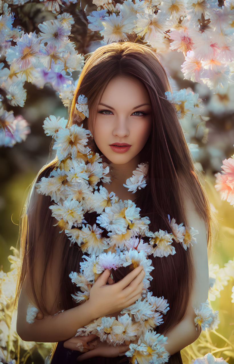 Woman with Long Brown Hair Holding White Flowers in Dreamy Setting