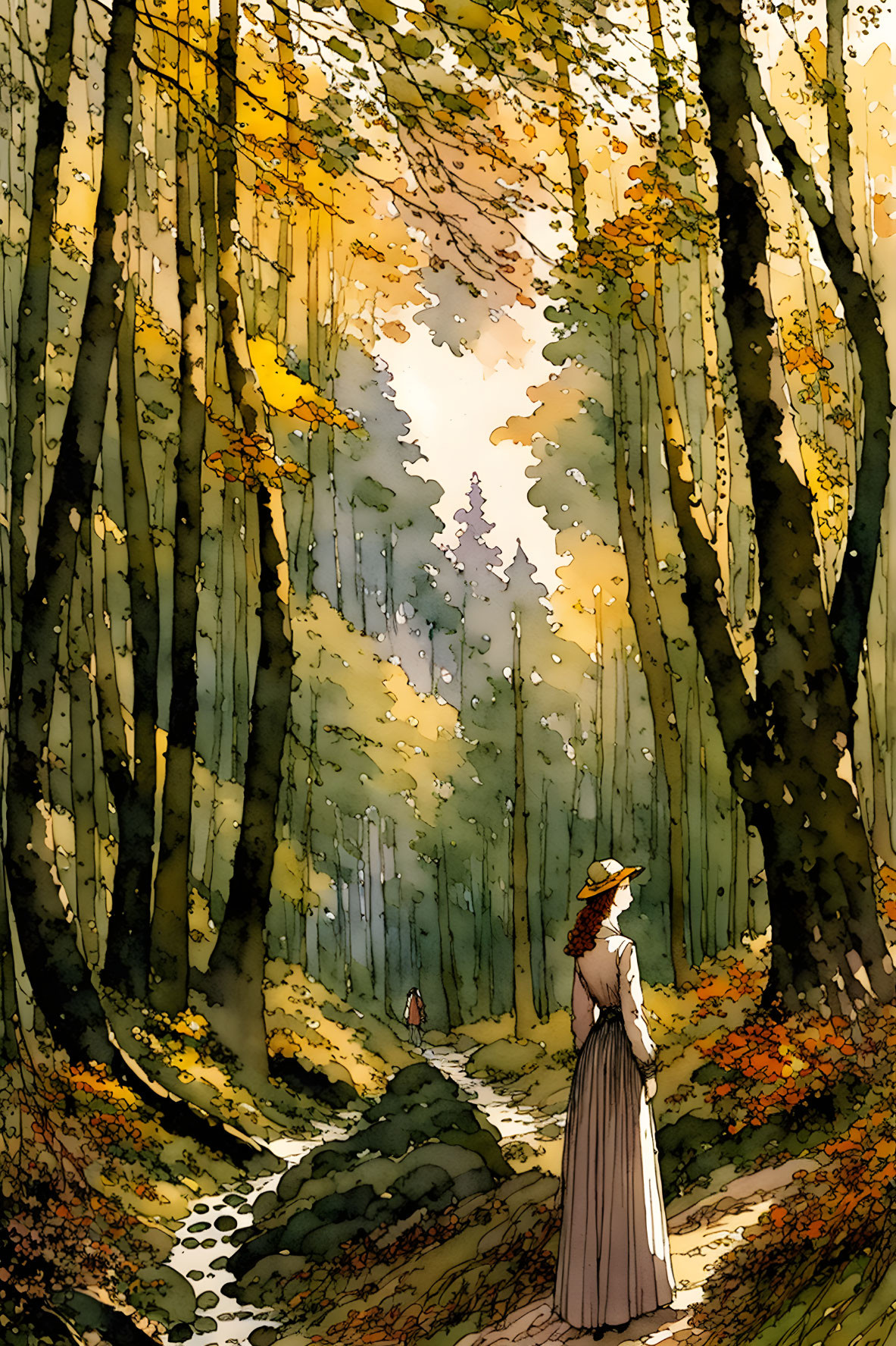 Person in vintage clothing in sunlit forest with tall trees and autumn colors