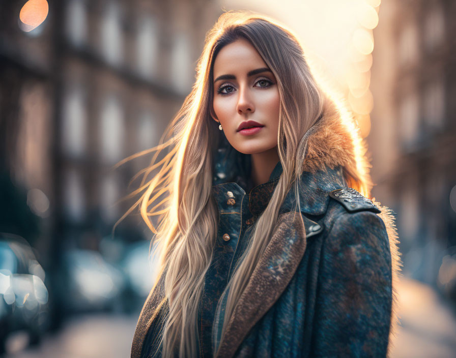 Blonde woman in stylish jacket on city street at golden hour