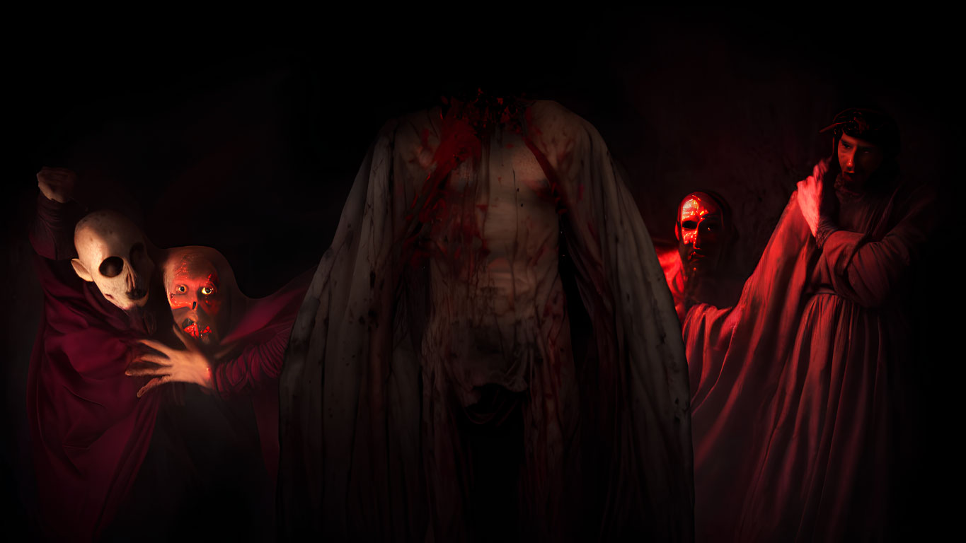 Four ominous figures in dark setting with blank mask and bloodied hands.