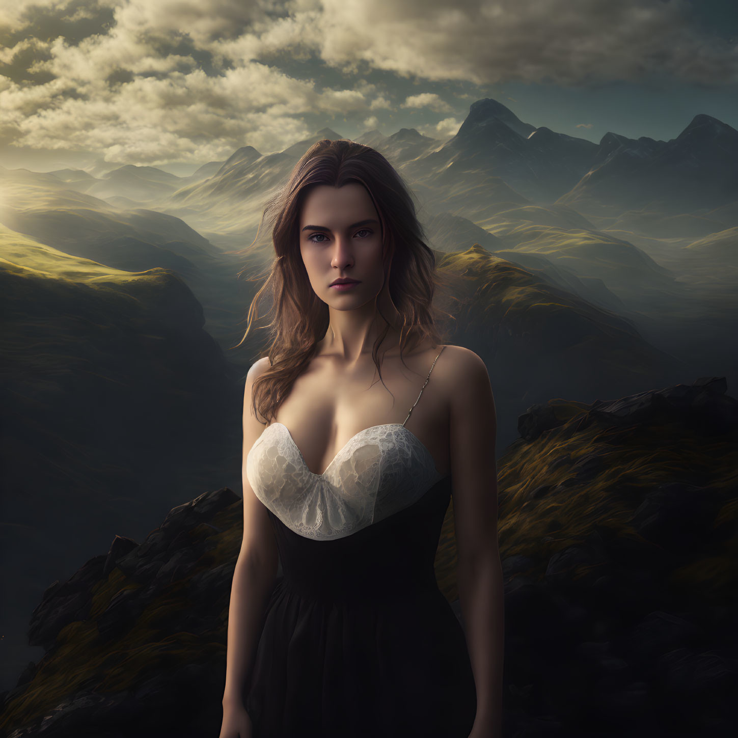 Woman in Black Dress Against Dramatic Mountain Landscape