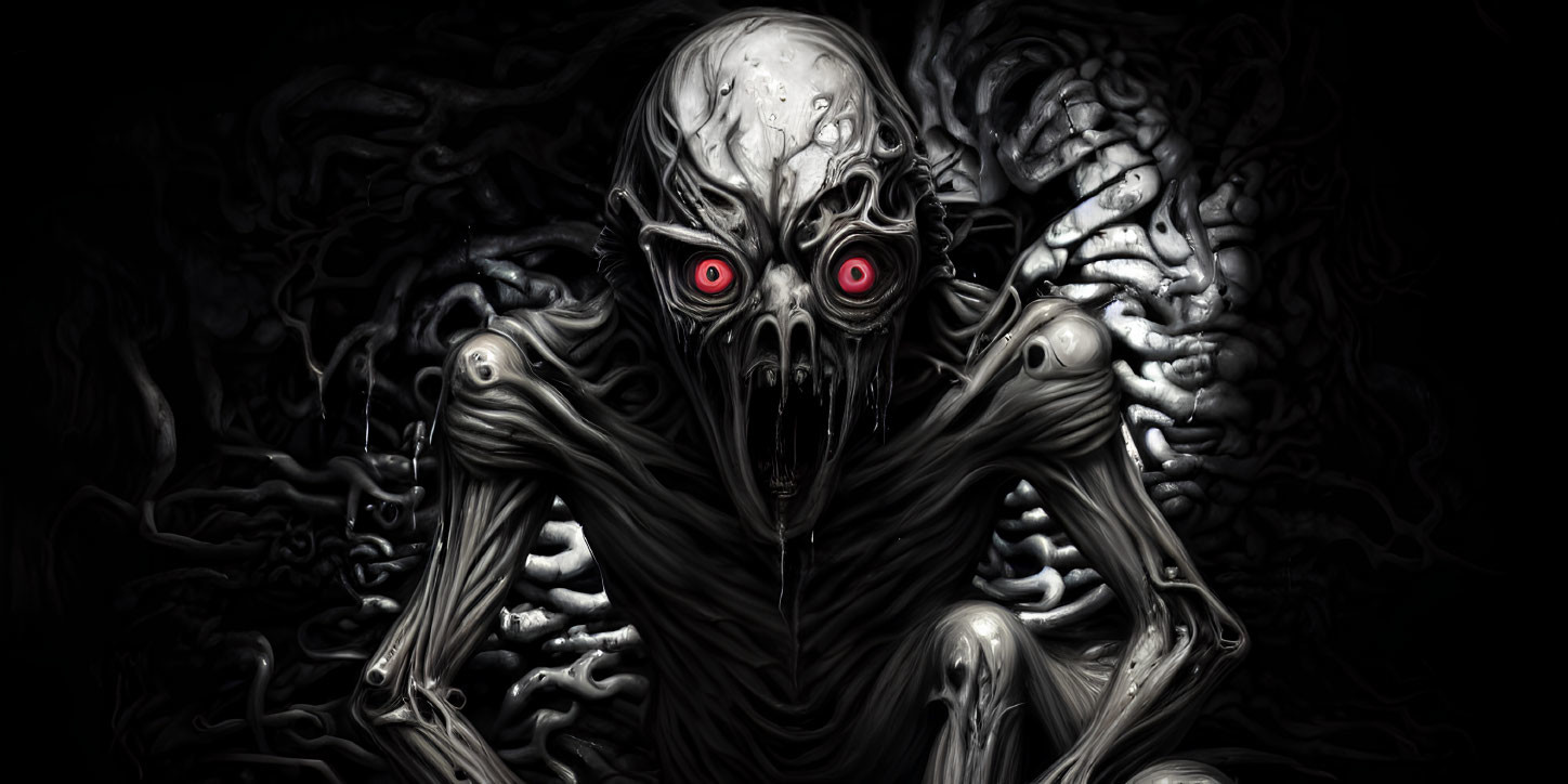 Sinister skeletal creature with red eyes in shadowy scene