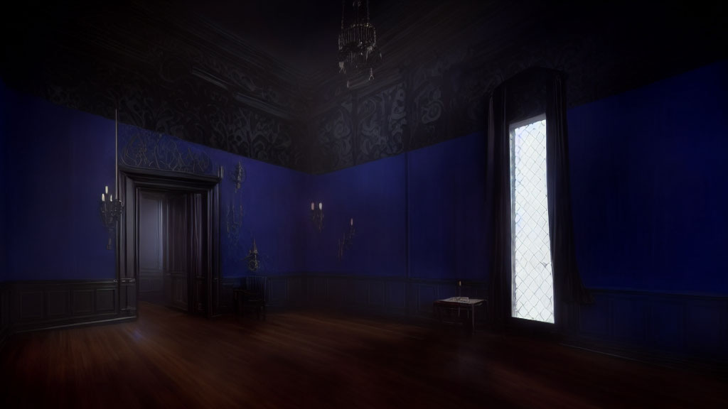 Spacious room with rich blue walls, ornate black ceiling, dark wood flooring, elegant door,