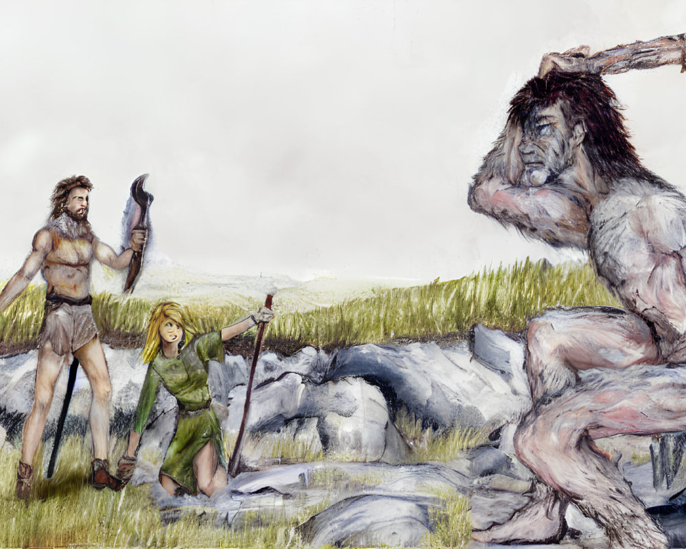 Two humans with sword and spear confront giant beast in rocky landscape.